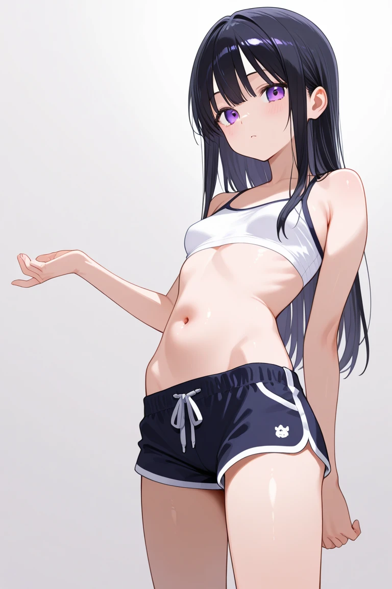(((masterpiece, Highest quality:1.5,absurdres))),25 year old beauty,(dark blue hair),((very small head:1.3)),long hair,bangs,dark blue eyes,gorgeous eyes,blush,Heavy breathing,medium breasts,((very long body:1.3)),((toned body,slender body)),skinny,(((tan skin:1.3))),gleaming skin,shiny skin,sweat:1.5,(White sports bra、navel、White sports shorts)、squat、spread legs,During training、sports gym、