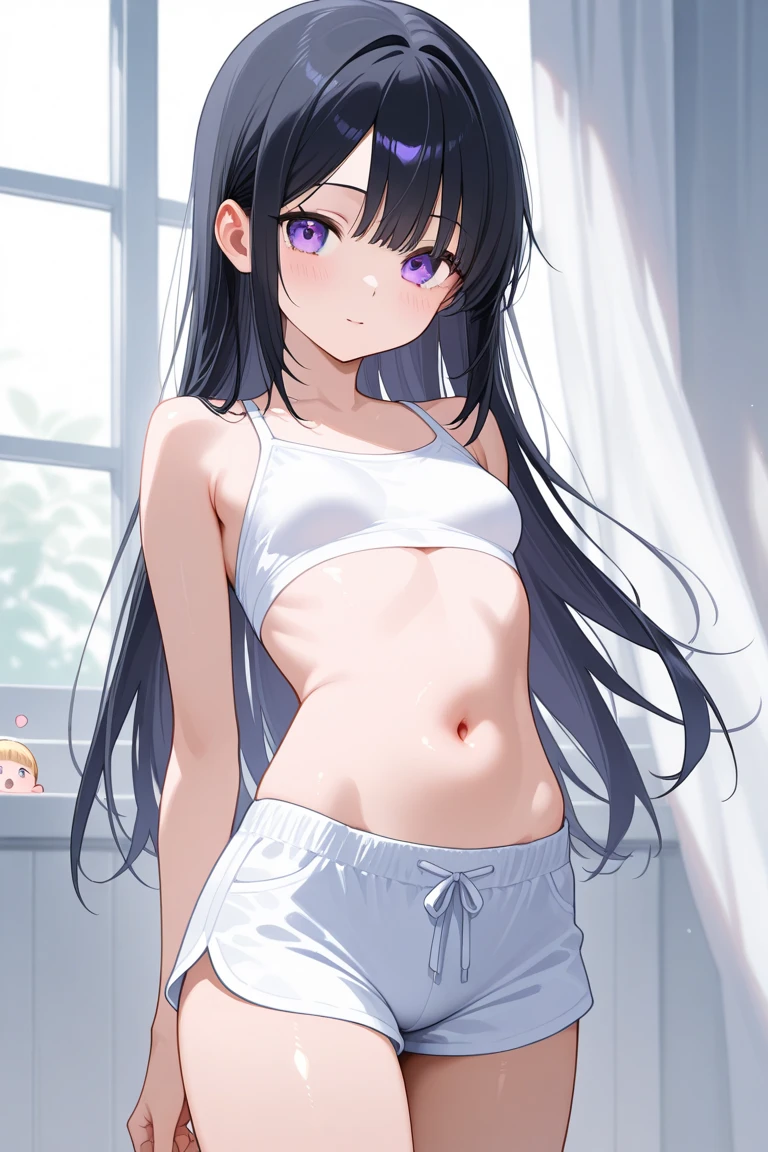 girl&#39;s room　elementary school girl　8-year-old　flat chest　black hair　long hair　eyes are purple　（（1 person））　Upper body white sports bra　lower body white panties　standing in front of the bed　spread your legs a little　dynamic angle　Low angle from the front