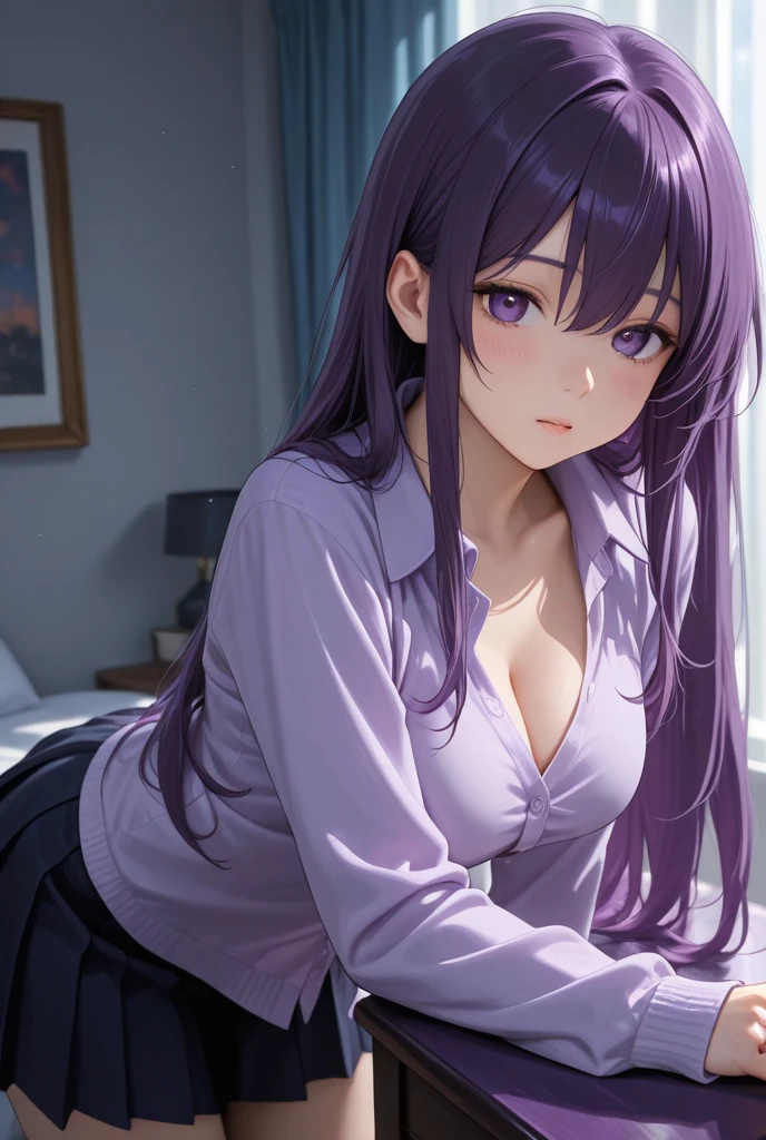 1girl, solo, ((white shirt)), black thighhighs, breasts, cleavage, uniform, office background, black skirt, pleated skirt, office,large breasts, looking at viewer, PURPLE HAIR, solo, thighhighs, thighs, very long hair, ((masterpiece)), sitting, chair, desk, computer on desk, name tag, id tag, indoor, blush, sexy pose,