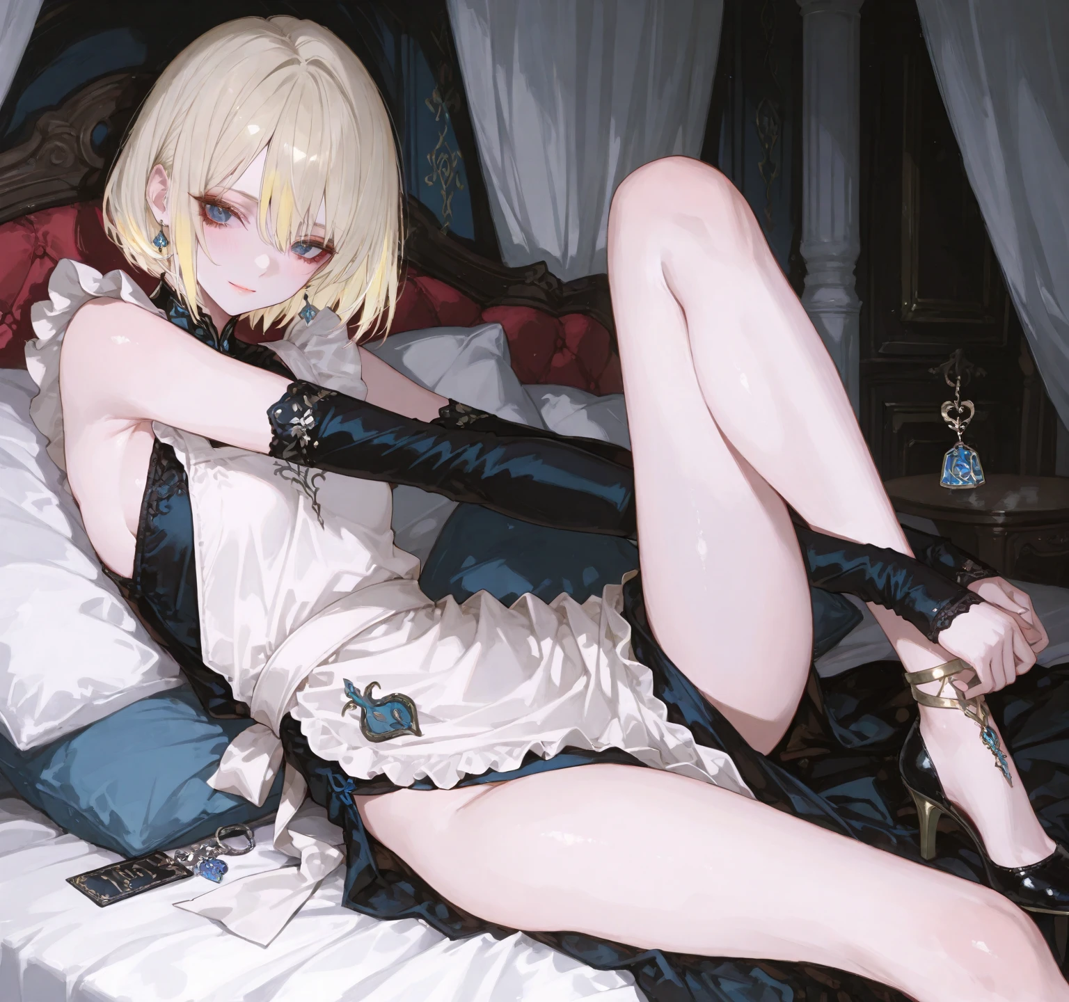 Tanya von degurechaff, Armpits, shirtless, shorts, on a chair, bedroom, clean skin, high quality, Nice body anatomy, masterpiece, Top quality, Ultra high definition, Maximum resolution, Very detailed