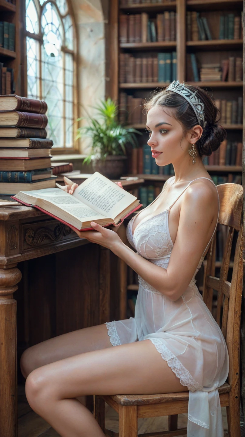 Create a hyper-realistic portrait of a young woman, large natural breast, with wavy brown hair, wearing round glasses and a white sleeveless sheer sundress with floral embroidery and ruffled edges. The woman has a fair complexion with subtle freckles, and her hair is partially tied back with a delicate headband. She is looking over her shoulder with a calm, thoughtful expression. The background features a richly decorated library with wooden bookshelves filled with books, some with gilded spines, and a warm, ambient light. There is also a brass lamp with intricate details on the desk beside her. The overall atmosphere should be cozy and intellectual, with a focus on capturing the fine details and textures in both the woman's appearance and the library setting.