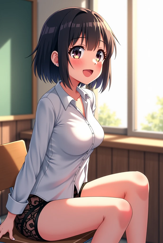 One girl, highest quality, Super detailed, masterpiece, Ultra-high resolution, 8k, Ridiculous, Cowboy Shooting, Focus on the girl, Embarrassing, blush, Lovely, Close one eye, With tears in her eyes and her mouth open, What saliva leaves behind, (arms behind head), (wariza), (ninja), Sticky panties, White lace panties, Classroom Background, (Videl:1.2), The skirt is accidentally exposed,medium breasts, Accidentally exposed panties, Absolute area, Black knee socks