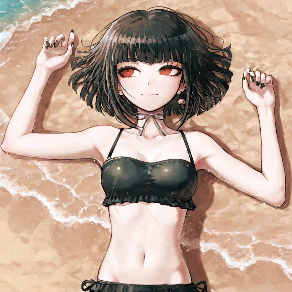 Anime Girls、Six Pack Abs、Black Hair、Messy Hair、Medium Hair、Hair covering one eye、blush、detailed、Highest quality、masterpiece、bikini、belly button、solo、Narrow waist、Wavy mouth、necklace、Seaside、bracelet、Lean and muscular、Hands behind your back