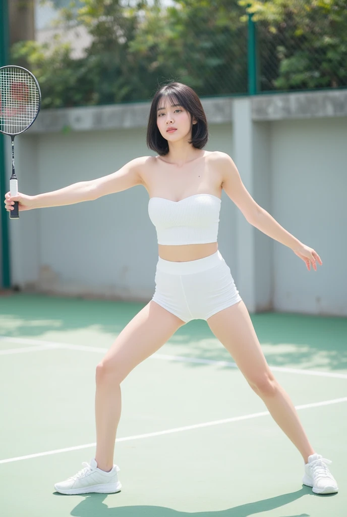(Solo), (a detailed full-body RAW photo of a girl), (masutepiece:1.0), (Best Quality:1.4), (超A high resolution:1.2), (Photorealistic:1.4), 8K resolution, Canon EOS R5, 50 millimeters, absurderes, ultra-detailliert, (25 year old), Cinematic lighting, Detailed beautiful face, (no-makeup:1.2), (ulzzang -6500-v1.1), petite figure, Detailed skin texture, (flat chest:1.4), (skinny and fit body:1.6), Detailed brown hair, sweltering,(Very short hair:1.5), See Through wear, (blue and white thiin tank top and verry short thin soft tennis skirt:1.5), upskirt, More transparent, realistic glistening skin, Detailed texture, Cameltoe, well-developed abs, erect nipples, wet wear, (satomi ishihara), stylish pose, panty shot from below, looks lively, panty focus, blue sky,