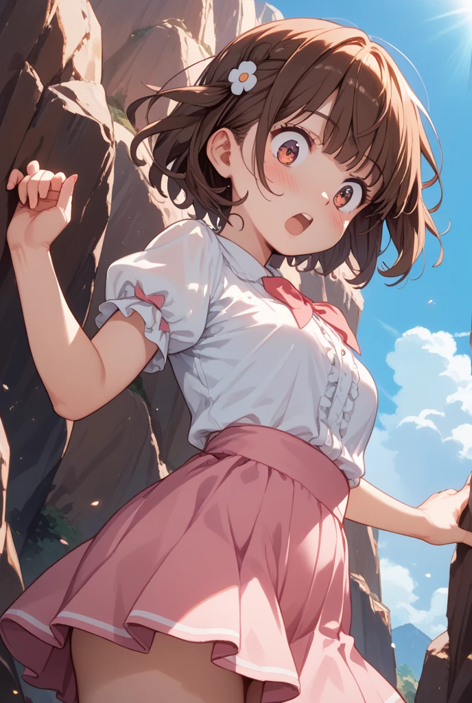 Highest quality, masterpiece, Ultra-high resolution, (Realistic:1.4), RAW Photos, Intricate details, Big beautiful eyes, Perfect contours, masterpiece, One Girl, ((Junior high school student)), Braided Bob, (aerial view:2), (perky breasts:1.5, high breasts:1.5), (curvy waist:1.5), Competitive swimmer, (one piece:1.5, turtleneck,Sleeveless swimsuit, Sandals), ((Ruby red swimsuit:1.5)), tight high leg swimsuit:1.4, ((shoot from behind:2, looking away:2)), Portraiture, ((Standing on the edge of a cliff:1.5, Hesitant to jump:1.5, Incredibly high sheer cliffs:1.5, Stand at the highest point overlooking the surrounding area, peer down the cliff:1.5)), (Anxious expression、His mouth is twitching with fear), Wet Skin, (Underarm)