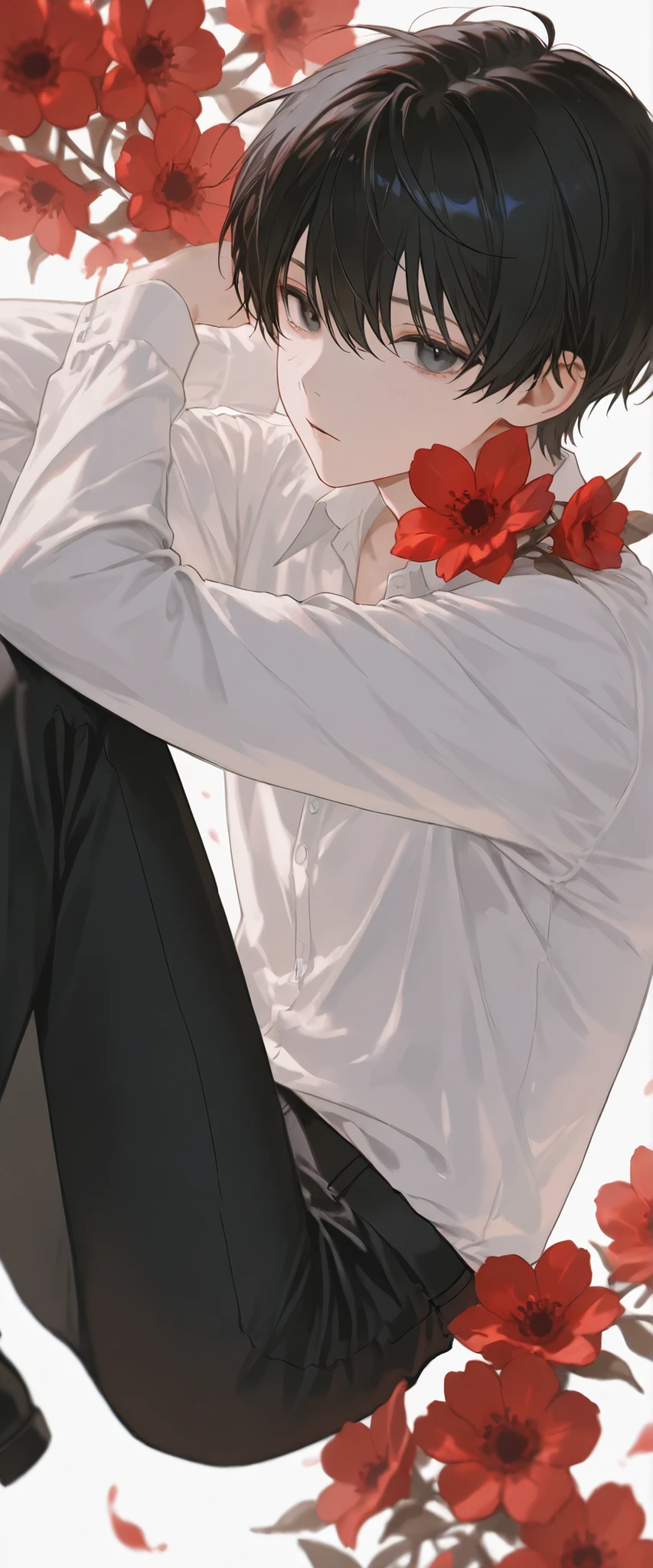 (1 boy with short black hair:1.4)，Red flowers lie in many coffins、 white shirt、black pants、moonlight
