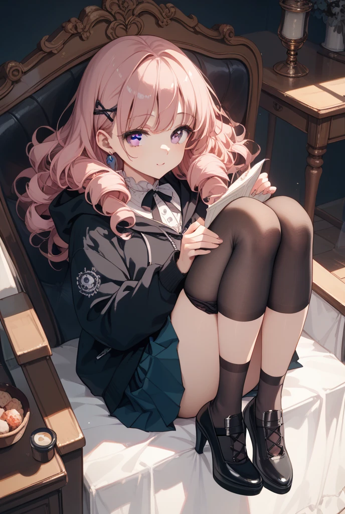 Long lavender hair,Pink purple eyes,15 year old girl,emaciated,Smile,Calm,Take it easy,black stockings,Writer's clothing,book,Growing Purple Crystal,Front view,legs together