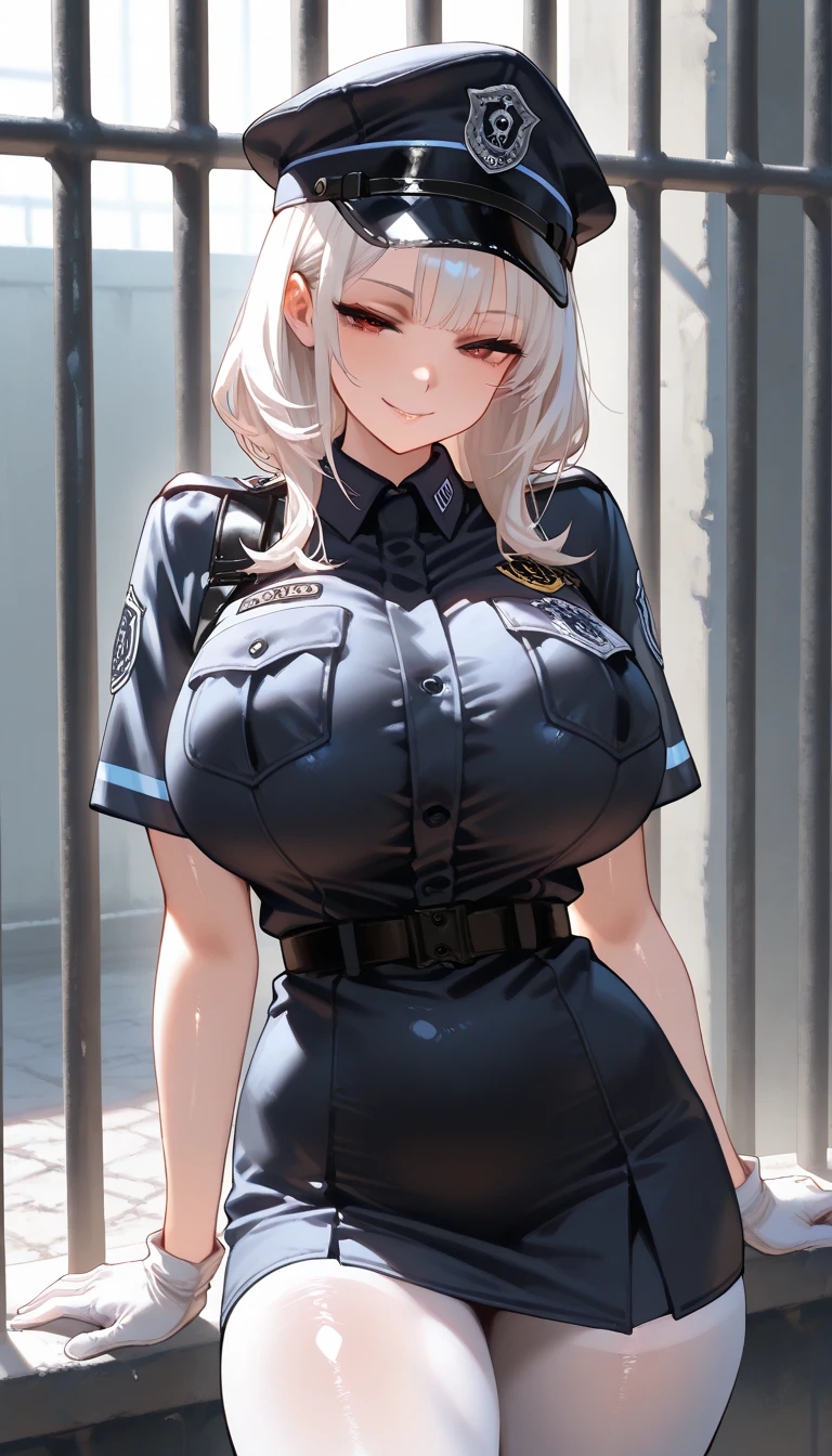 mugshot, view the viewer, Huge breast, prisoner, prison girl, jailed, prisoned, Striped black and white prison jumpsuit, Handcuffed, Restrained, shackle, domina, jail cell, lock, long blonde hair, ponytail, blue eyes