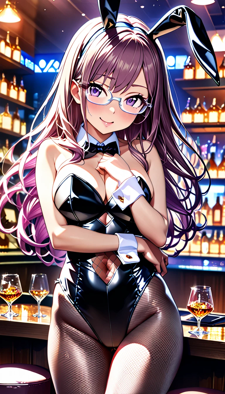 Black Bunny Girl, leotard type, enamel style, Black garter belt, working at a bar, Leaning forward, chest enhancement, Cleavage,