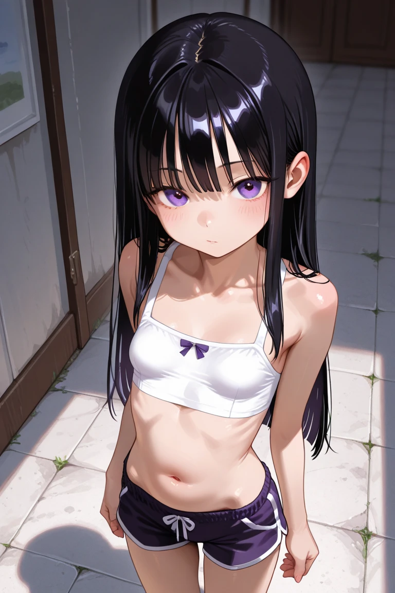 Browsing Caution,((Perfect Anatomy:1.2,Realistic,:1.3,RAW Photos:1.3,masterpiece、Highest quality、Ultra - High resolution、High resolution、Extremely detailed CG、8k)),Cowboy Shot,1 female,alone,20-year-old,The Beauty of Japan,Beautiful and exquisite face and eyes,Big and beautiful eyes,Dark blue eyes,(Black Hair,Long Hair,Blunt bangs,Wet Hair:1.4),(Medium chest,Slender body,Small Head:1.4, skinny), Glowing Skin,Oily skin,Are standing,Put your arms behind your back,Spread your legs:1.5,((bondage,.White bra、White panties、Black leather loafers)),((Sweat:1.4、Peeing a lot of yellow urine))、Inside the prison、Dark Prison Tokyo、