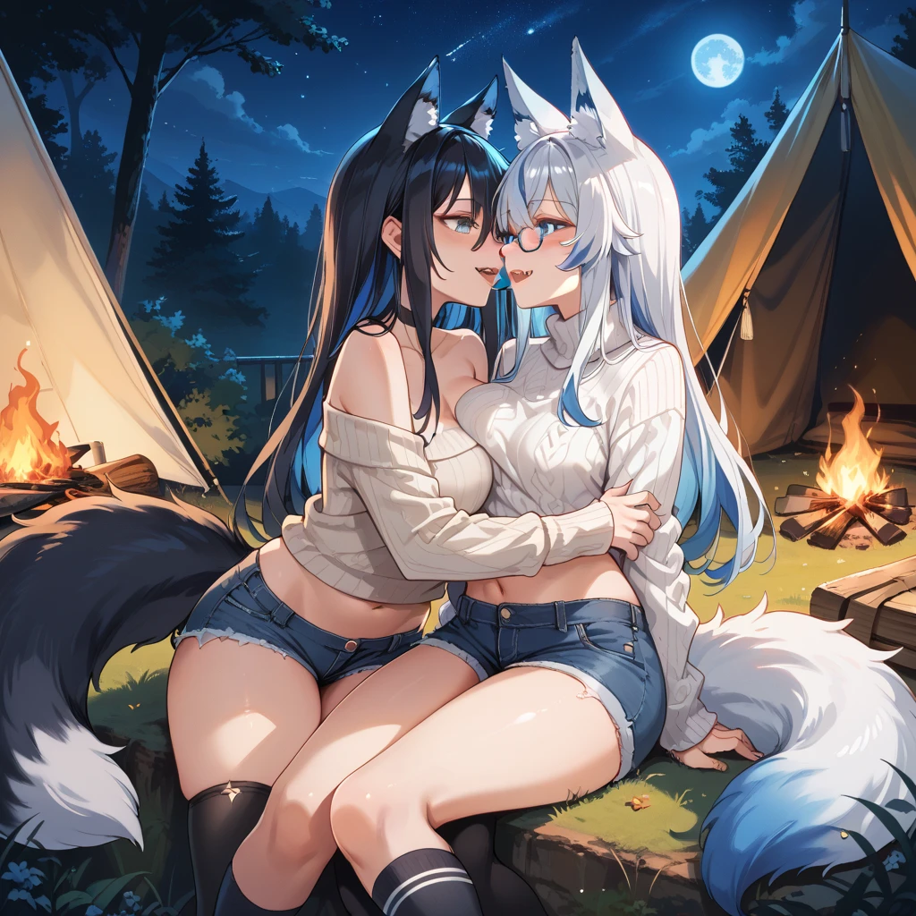 score_9, score_8_up, BREAK, source_anime, uncensored, perfect body, slim, thigh highs, fingerless gloves,
anthro, furry, pose, y,
Loona \(Helluva Boss\), NSFW, nudoaning, back to viewer, head back, anthro male maned wolf with long spiked white hair and black face, highlighter yellow penis, ing, high detail, passionate sex, forest,ght sky, campfire