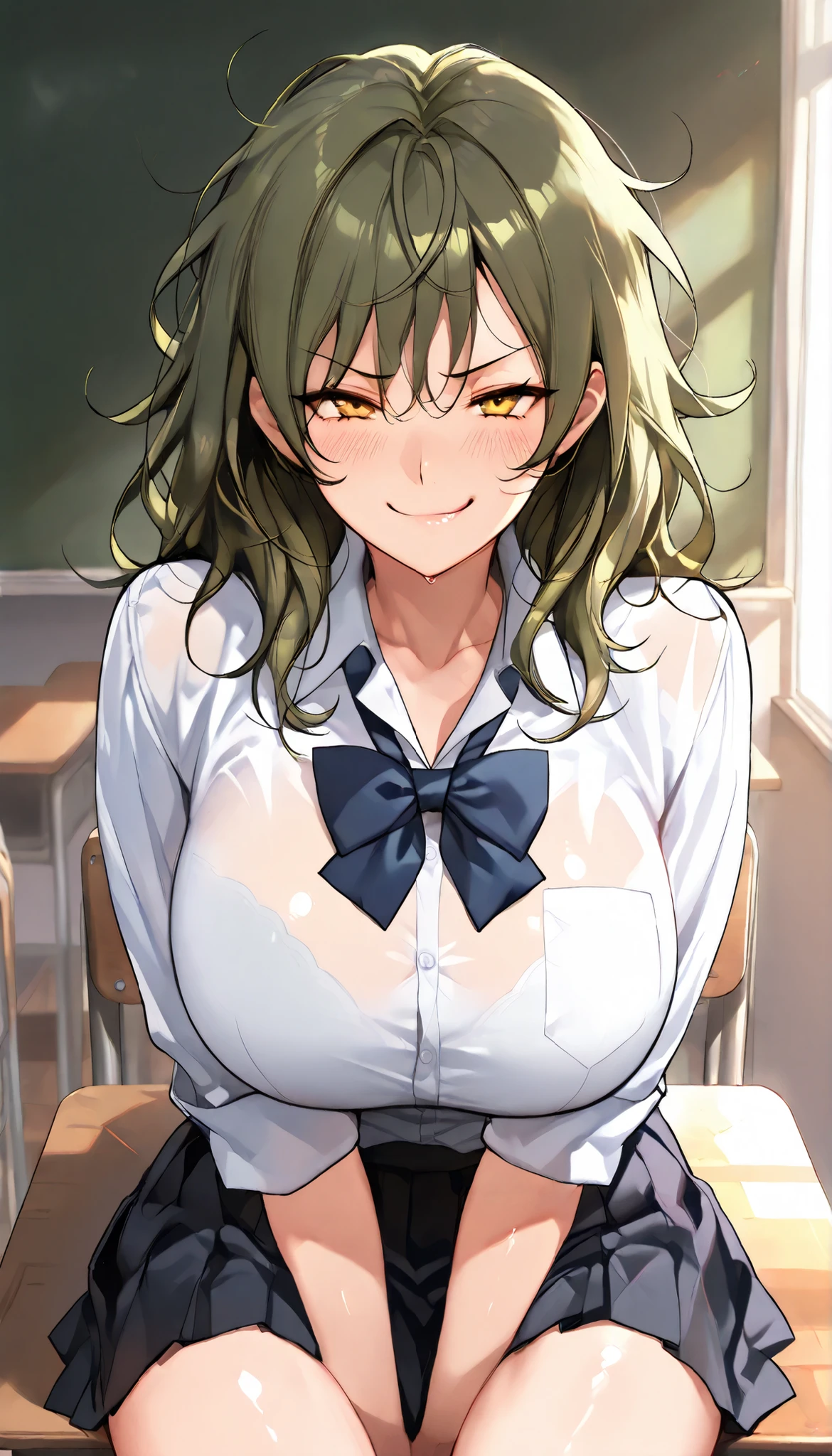 SOLO,Modern Backgrounds,A female with slim body(older girl),yellow eyes,huge oppai,shiny skin,(Wearing A loose JK skirt),(Loose school uniform)(See-through),Sitting in Classroom,Arrogant sitting position,(Green hair,Messy Hair),(Smug),slightly tilted forward,UHD, SOLO, anatomically correct, masterpiece, textured skin, high details, highres, 1080P, 16k, accurate, Beautiful face, Beautiful Nose, Perfect face, Highly detailed beautiful face and eyes, Attractive face, Detailed face, Delicate facial features, Detailed skin,Cowboy shot