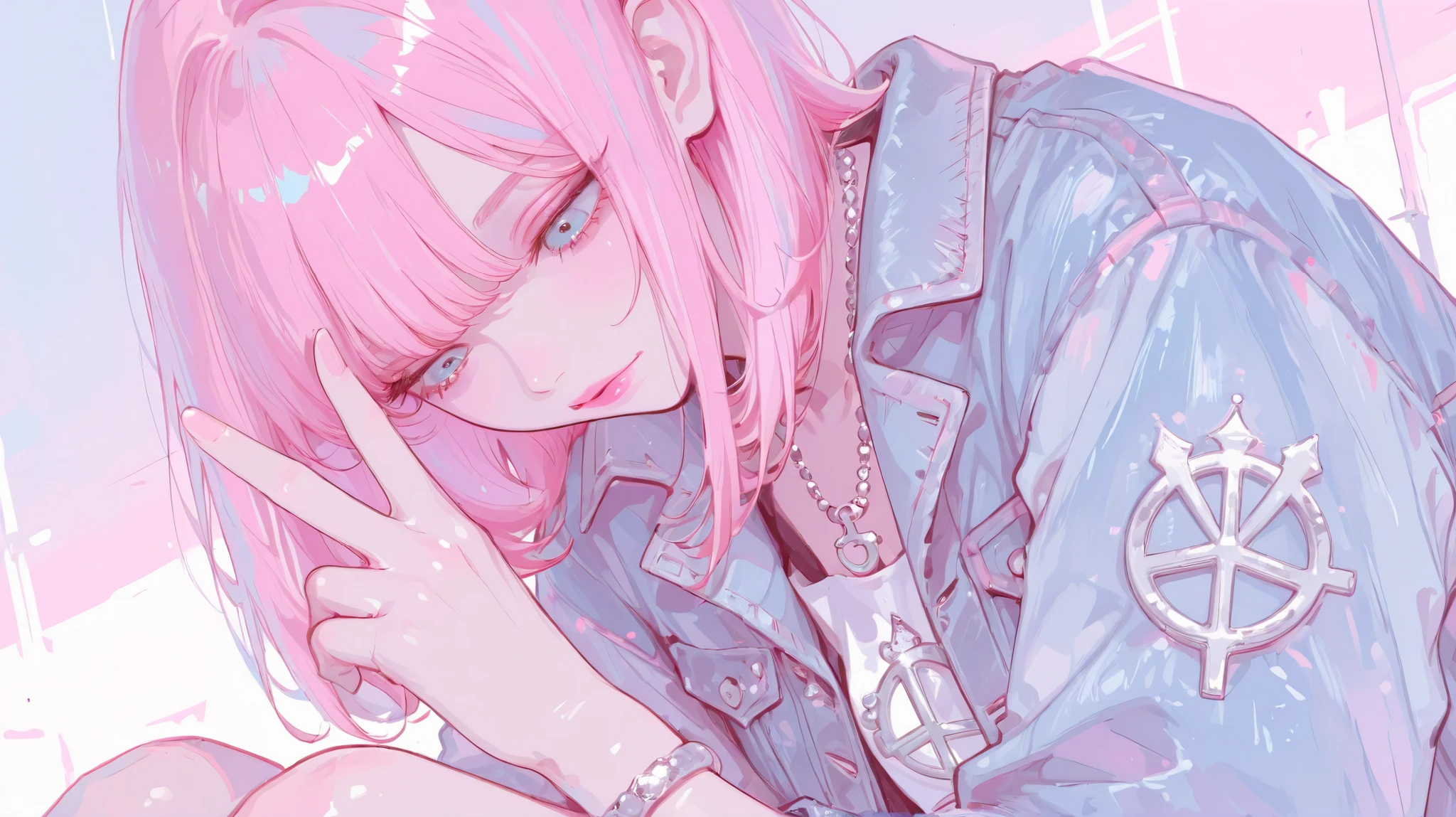 Pastel colors, one girl, denim jacket (cool clothes ), beautiful light blue eyes, pink lips, top quality,silver bracelet, silver necklace, pink hair (bobbed hair), look down, peace sign