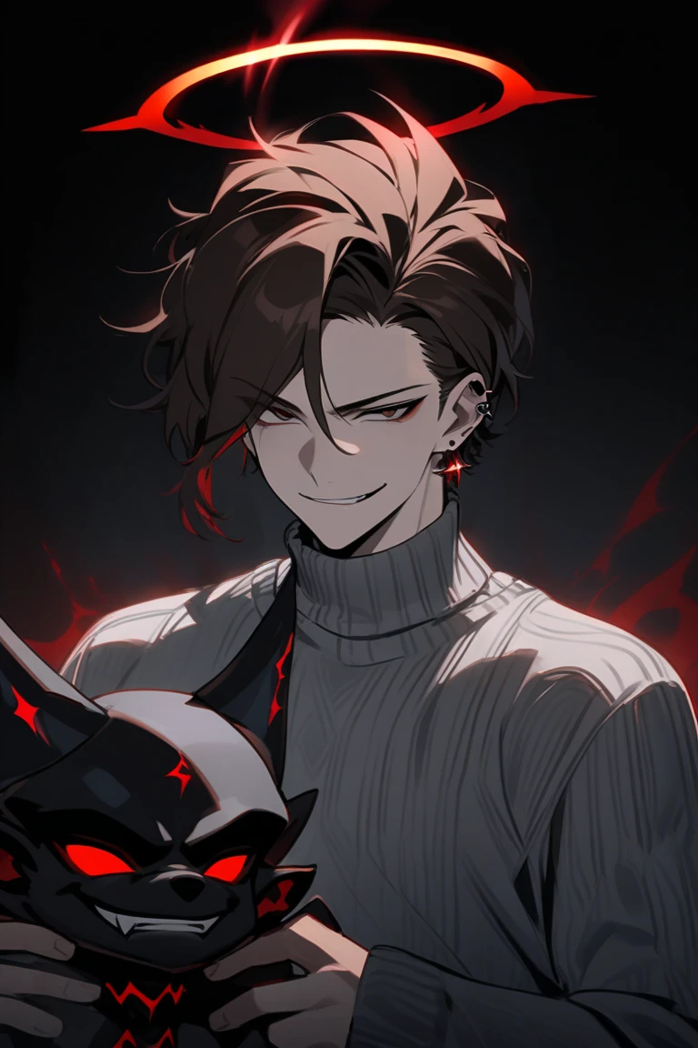 BNA anime art style; dark-haired man; Red eyes; choker with a DogTag; slight smirk at the corner of the mouth; silver earring in left ear; a slightly devil aura and appearance