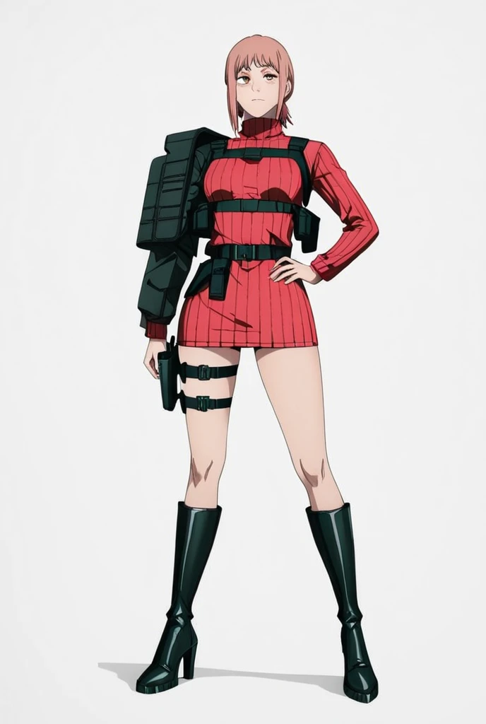 Leonie Pinelli, short hair,,Team Rocket uniform, red letter R, White Skirt,White crop top,Black thigh-high riding boots,Shiny black riding boots、Black elbow gloves, The whole body is visible,look down,Cross your arms,Put your legs on the chair,View from directly below,Looking down,