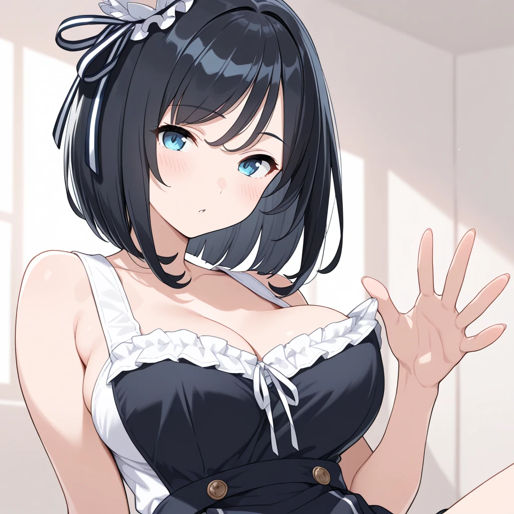 (masterpiece:1.4、top-quality、illustration:1.4,realistic、)、(character focus、breast focus,cowboy shot:1.3)、(1girl),(Open mouth happy smile:1.3),(half closed eyes),cute face,blue eyes、()、
,(stand:1.4),(Shining smile),
,(slender),(prostitution:1.3),(black short hair hair:1.6,forehead:1.3),(braid:1.3), (medium breasts:1.3)、
、slender、