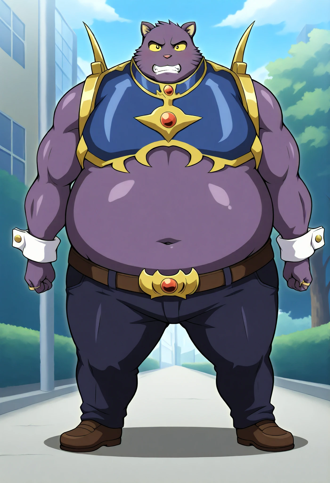masterpiece,Highest Quality,Great Quality, 1 boy, solo, P4nth3RW, Panther Boy,  dark purple fur ,  yellow sclera, No students, Blue Breastplate,   Close, side angle, Serious, is facing the viewer, Outdoors，full body，full body，very overweight，Totally Obese，abnormally bulging abdomen，Stomach full of fat，Belly that's too big，Potbelly