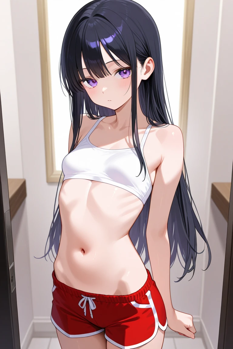 Best Quality, masterpiece, ((Solo, 1girl)), Komi shouko, fine detailed shiny eyes, medium chest, high resolution, best lighting, extremely detailed illustrations, blush, embarrassed, smile, open mouth, crotch seam, cameltoe, day, very NSFW, no bra, no shirt, very hot, extremely aroused, very small panty, vaginal squirting, thong panty,