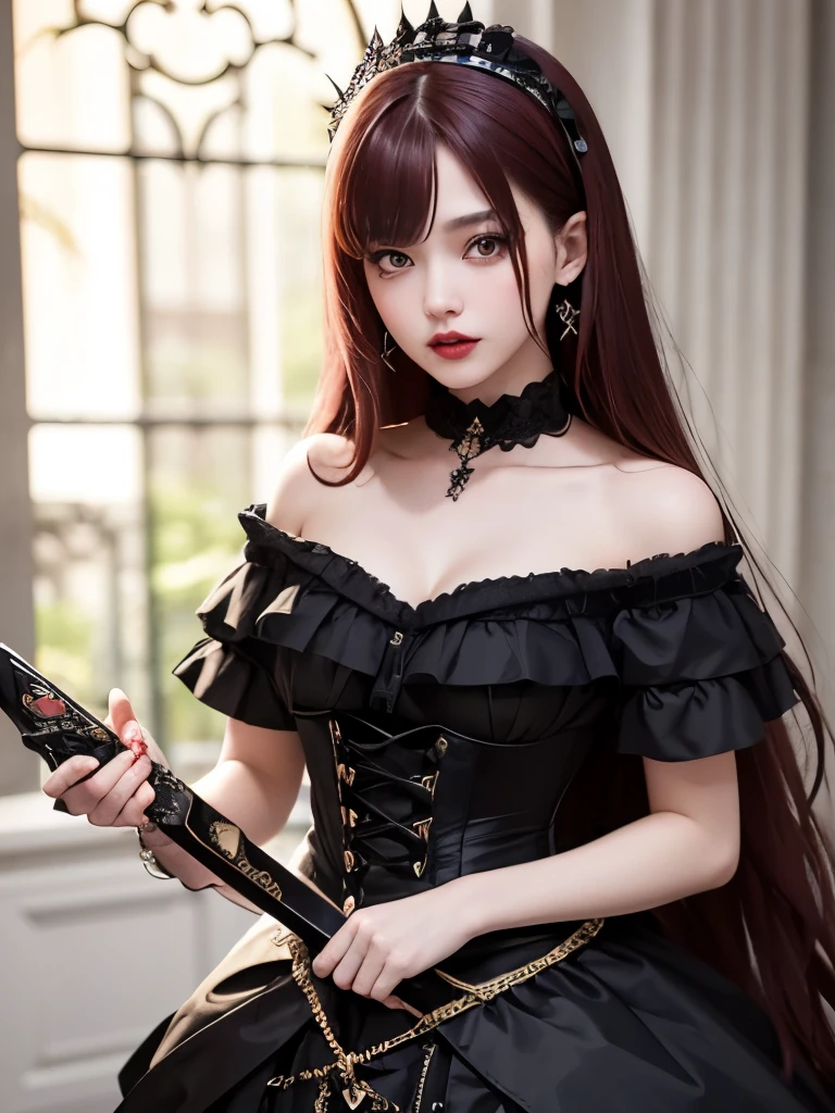 Redhead、1 Female robot、Reddish pinkish dress、Wearing black armor over the dress、place々It is a gold rose design、The skirt of the dress is made of velour fabric、The weapon is a rose thorny gun、There are ring-shaped mines of thorns、The face is covered with a mechanical mask that looks like a motorcycle helmet、The upper part of the mask is reddish-pink、The chin of the mask is white、The mouth of the mask is fangs like a vampire、The eyes of the mask are goggle-shaped、The eyes of the mask are glowing red、The mask has a large black ribbon on the head.、Transformation Belt、Wearing pin heels trimmed with black gold、Battlesuit like a mechanical dress、Each part has frills、8k、Clear contours、The octopus mascot character will appear on the screen、The background is a castle garden with blooming roses、a beautiful girl character、Anime Touch、Anime Assortment、The weapon is a machine gun intertwined with gold and black and rose ivy、Wearing futuristic black metal armor、Armor covers shoulders and chest、cyber punk、The shadow color is a vivid color、Near future、Clothing Cyber Design、The weapon is a machine gun about your own length、The body is almost robotic、The robot has black armor with golden lines、The armor is a rose design、Gundam、Ahmad Koa、Iron Man、Armored Trooper Votoms、Squadron theft、Five Star Stories、Elgeim、Giant Female Robot、Cybele、Mobile Suit、Rosen Zuhl、kshatriya、The head is a mechanism、Have a railgun larger than your height、Large and small firearms