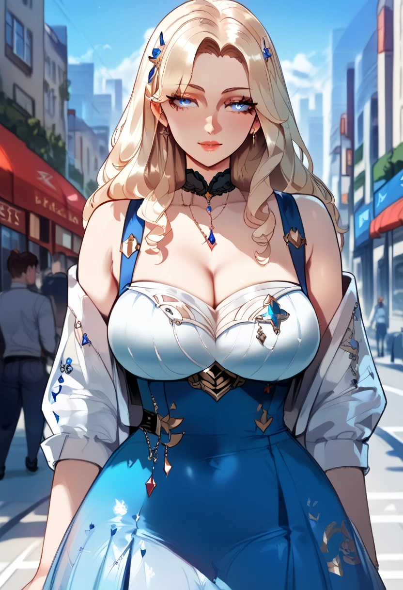masterpiece of art, best quality rendition, featuring a woman in a blue bubble dress, accessorized with black stockings,
her braided blonde hair cascading down her back, framing a pretty face with intensely expressive eyes,
painted with extremely detailed strokes to capture every nuance, standing in a fierce fighting stance,
amidst the ruins of a destroyed city, with fires in the distance raising smoke,
her voluptuous figure accentuated by the contrast of her huge breasts against the delicate fabric of her dress.