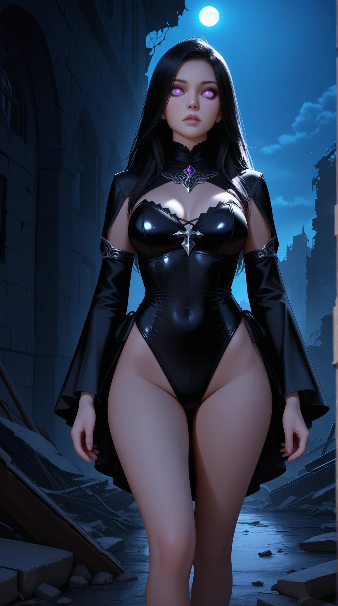 masterpiece, Ultra realistic, 16k, high quality, incredibly detailed, nightmare aesthetic, nightmare atmosphere, cinematic, work of art, (sharp focus: 1.5), (photorealistic: 1.3), featured (Beautiful girl), a captivating image of a vampire (girl) that combines allure and mystique. Tall and gorgeous, goth makeup. A vampire from within the confines of a dark gothic castle. Its appearance is both seductive and sinister, a seductive incarnation of the night. Long obsidian hair cascades, framing her pale, alabaster skin that seems to glow ethereally. Her attire is gothic, a perfect fusion of dark allure and a figure-hugging silhouette that highlights her voluptuous form. Red eyes, her eyes are like red orbs of intense of sinister light. The vampire's sharp fangs, gleaming against his ivory complexion, hint at his predatory nature and his otherworldly beauty. realistic skin texture, pale-white skin illuminated. realistic perfect shading. absurdres, realistic textures. solo, alone, 1girl. tall. looking at viewer. female muscular body, toned body, defined muscles. realistic natural breasts, cleavage. pantyhose, black dress with golden details (realistic texture). standing, different positions at different angles. Night background. unbelievably real, best quality, Photorealistic.