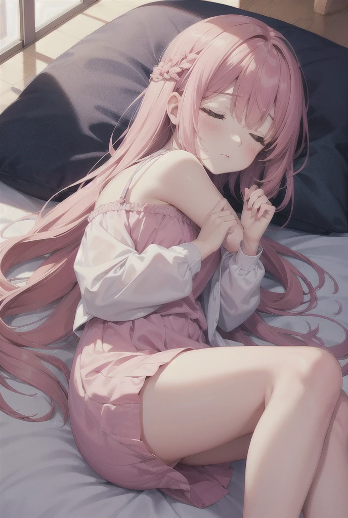 Extreme graphics,one-girl,bedridden,weeping,Very shy,with her mouth open,with pink hair,Anxious,There is a lot of liquid flowing down the thighs,urinary incontinence,The bed is wet