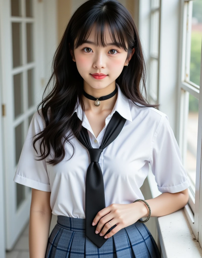 absurdres, RAW photo, extremely delicate and beautiful, masterpiece, Best Quality, ultra high resolution, 32k, hyperrealistic, ultra-detailed, perfect ???????, super Detailed skin, perfect figure, Super Beauty, Perfect Style, Perfect balance, 20 years old, very Slim body, narrow waist, very small head, very small face, delicate facial features, detailed face, detailed eyes, tearful mole, earring, very huge round breasts, legs, medium hair, whole body shot, indoor, ((school_uniform)),