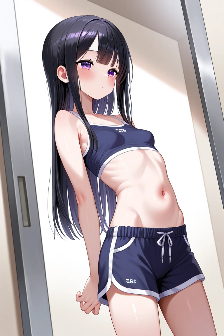 Altamente detallado, alta calidad, obra maestra, yae de Genshin Impact, ((small breasts)), Gymnasium warehouse, uniforme de gimnasio, tetas desnudas, semidesnudo