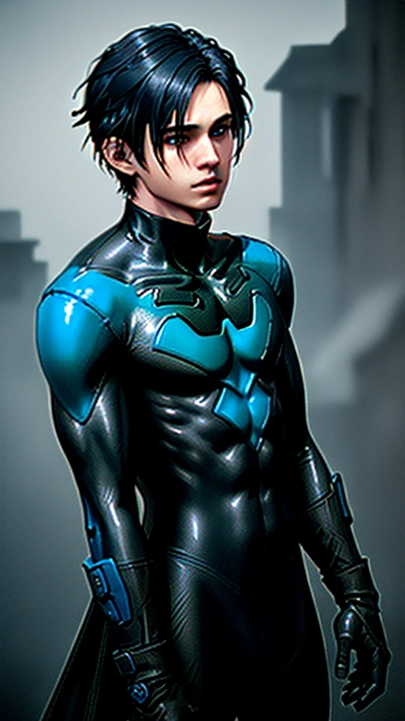((Masterpiece)), high quality, ultra-detailed, 8K resolution, dynamic angle,(1boy) nightwing, fight pose, White wall with a bright red circle