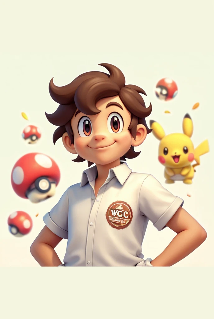 Smiling 6 year old boy short light brown hair from the sides and big on top, pikachu, ash, charizard, gengar, dragonite