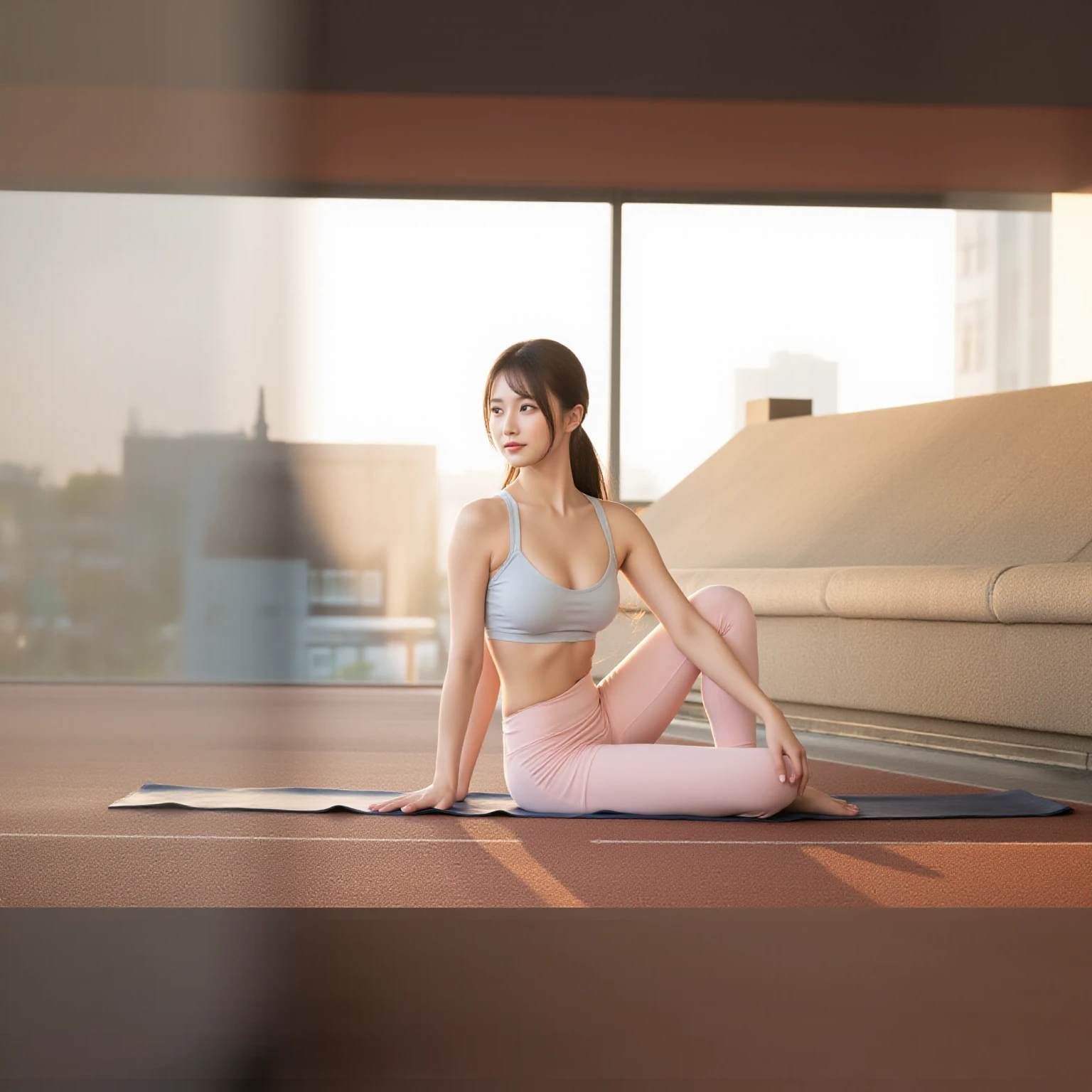 (Surreal), (figure), (High resolution), (8k), (Very detailed), (best figure), (Beautiful attention to detail), (Highest quality), (Very detailed), (masterpiece), ( wallpaper), (Detailed face), alone, 1 girl, White Wavy Hair, Korean, heterochromatic eyes, Small mole under eye, Loose white shirt, Yoga pants, Big Breasts, Long legs, Toned Abs, Camel Toe, Dynamic pose