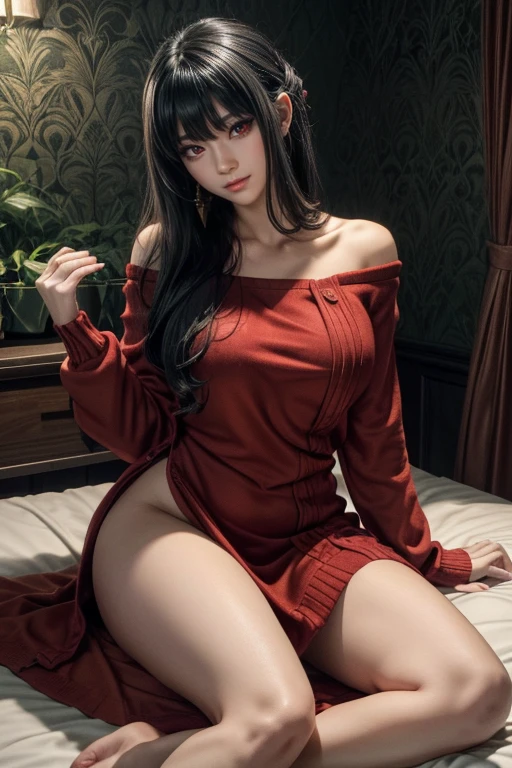masutepiece、Yol Brier A dark-haired、Longhaire、side locks sharp eye、big eye、Beautiful skin、beautiful countenance、Red Eyes off shoulders、Red knitted dress、Off-shoulder knitwear、White Headband、earrings、Gold Earrings Tall lady、独奏、clong legs Hand masturbation、opening legs、Mansuji、femaleejaculation、female ejaculation Background with、Bedrooms