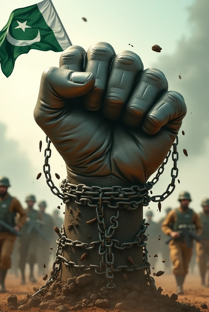 Image of two fists painted with the Pakistan Flag, breaking apart using chains to symbolize division and slavery