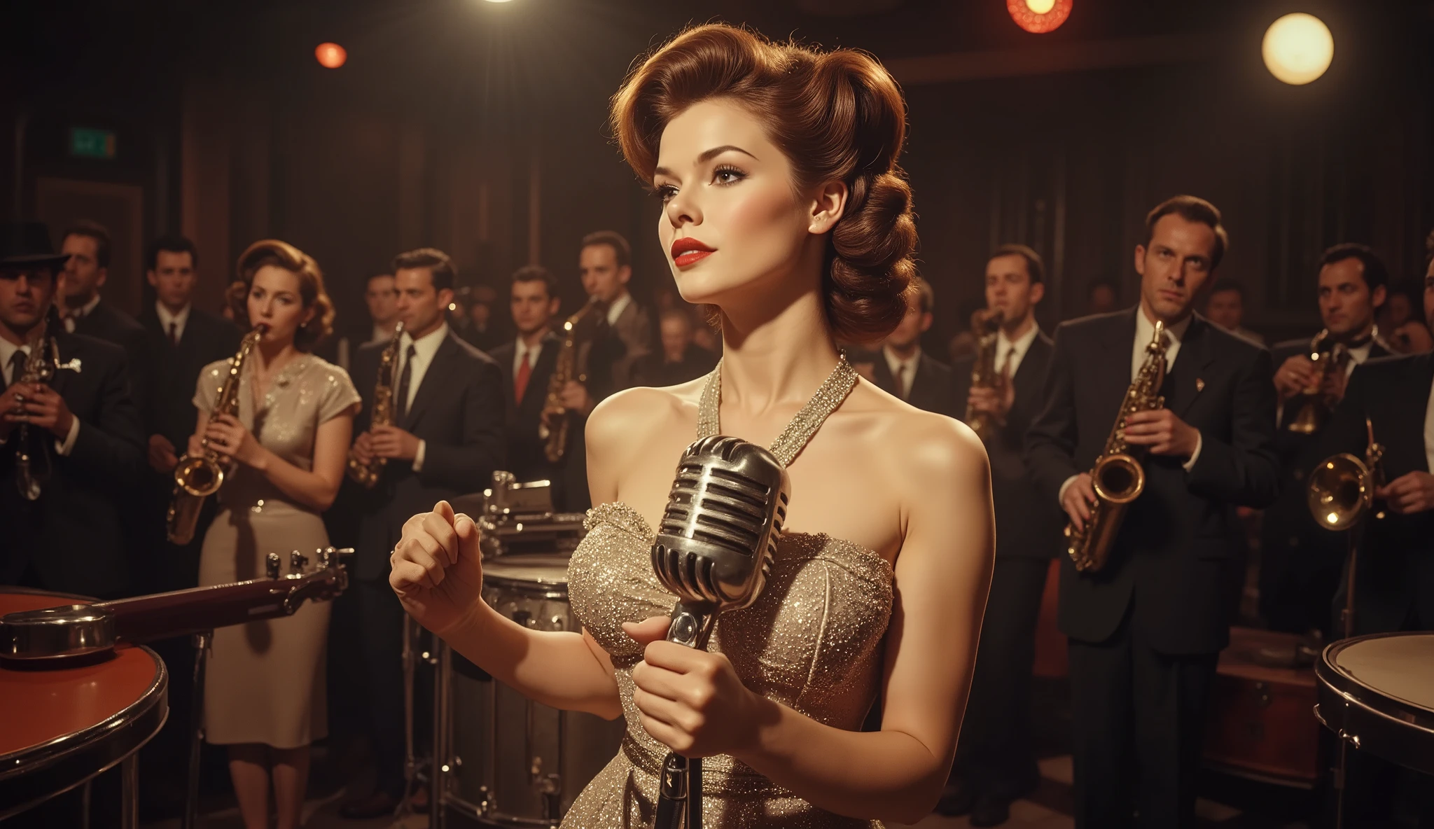 "Stylish 1940s jazz club, glamorous woman in sparkling fringed cocktail dress, holding a vintage microphone, saxophonists and trumpeters in background, deep shadows, warm spotlight, cinematic color grading, lively crowd"