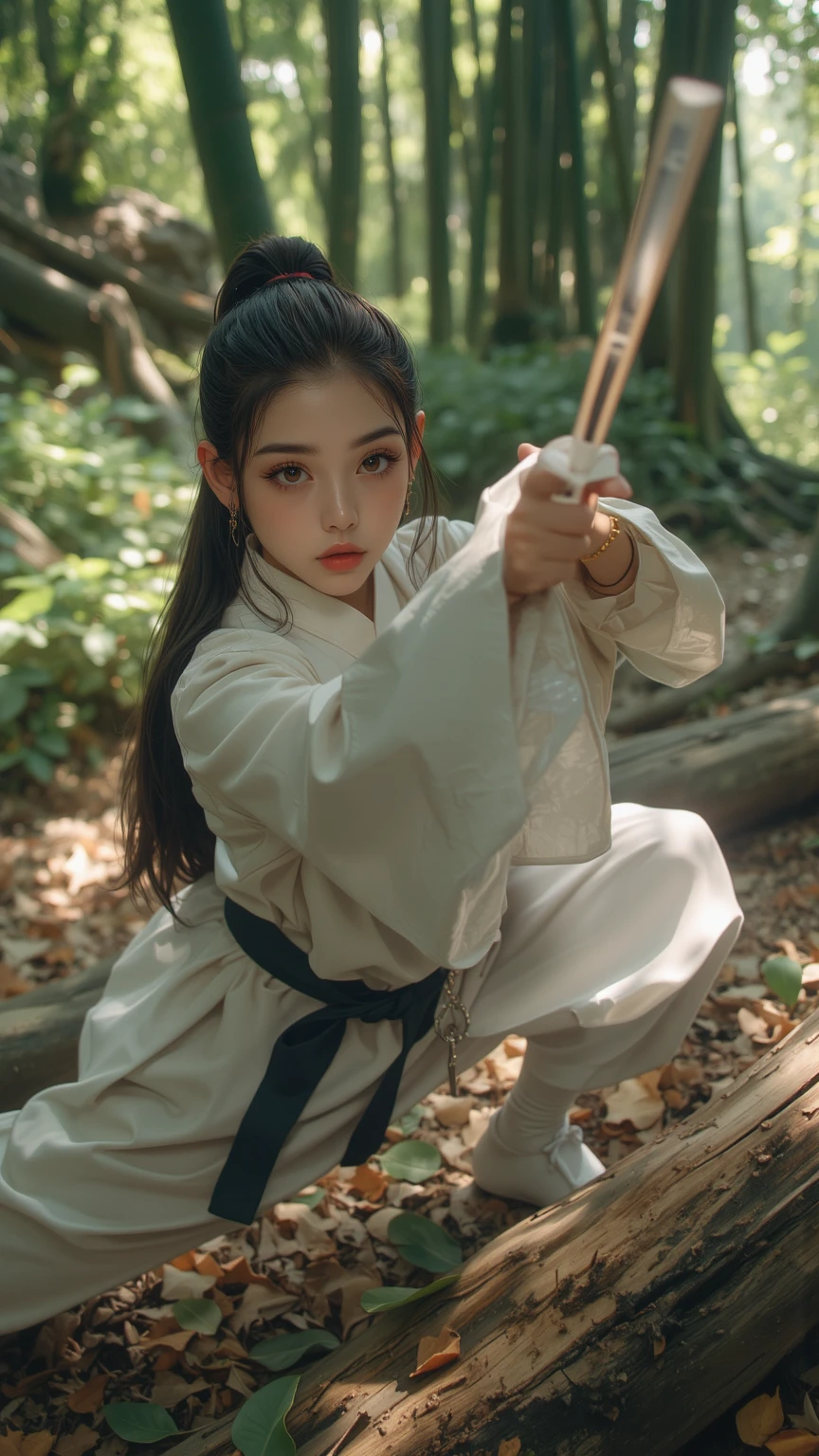 In the tranquil bamboo forest,A young female martial artist practicing with precise movements,Mastering ancient defensive tactics,Lightning-fast strikes,Smooth movements,A breath of tranquility,Concentrated focus,Disciplined skills,Capturing the essence of martial arts。