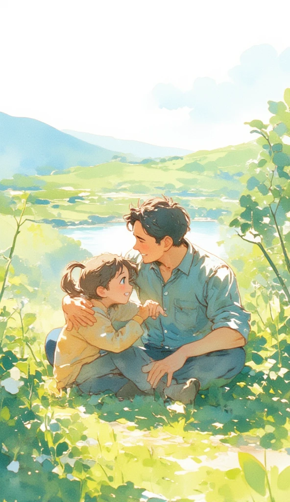 Pearl Tea Man, with short sleeve shirt, sitting on the grass looking at the panorama of snowy mountains and in his arms a girl of approximately one year old, denim blue dress with a bow in her straight light brown hair