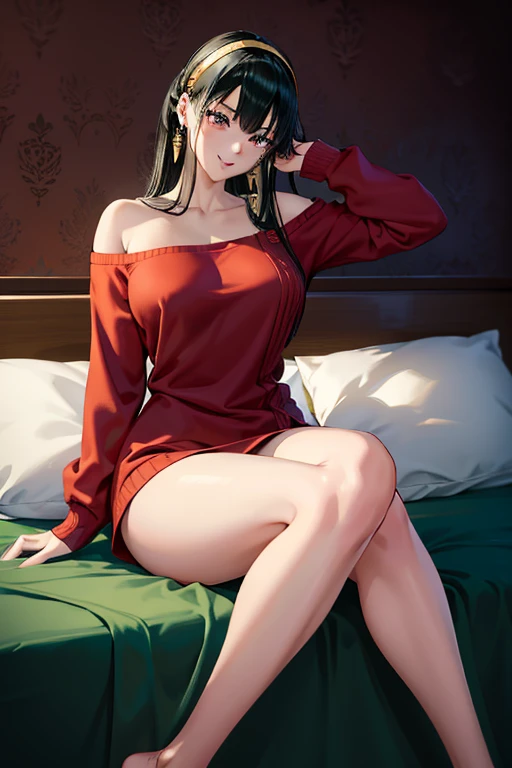 Hinata, long hair tied low, hairband, hana, purple eyes, beautiful, beautiful woman, perfect body, perfect breasts, no shirt, red panties, in bed, bedroom, bed, sitting with legs open on the bed, looking at the viewer, smiling slightly, realism, masterpiece, textured skin, super detail, high detail, high quality, best quality, 1080p, 16k