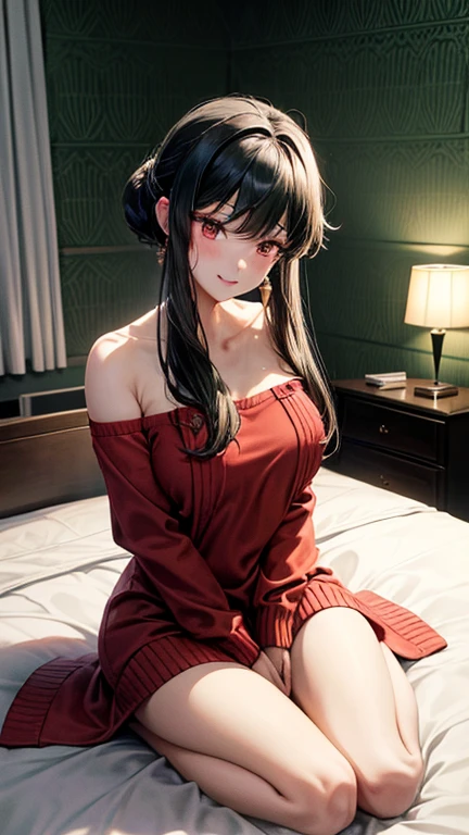 (masterpiece, Highest quality:1.3), (Super detailed:1.4),(Super detailed顔:1.2),(Super detailed目:1.2), (hyperRealistic:1.3), (RAW Photos:1.2), High-definition RAW color photos, Professional photos, (PhotoRealistic:1.4), (Realistic:1.4),8k,Professional Lighting, Perfect Anatomy, BREAK,(Big Breasts:1.6),(blush:1.2),(Bright smile:1.2),Yolfoger, High detail, Sharp focus, dramatic,dutch angle,Björf,Black Hair,Long hair short hair,White hair band,Kamimei,Leaning forward,Bring your face closer,Red eyes,Gold earrings,jewelry,Off the shoulder,(Red sweater:1.3),Sweater dress,Long sleeve,Black Pantyhose,Luxury bedroom,(g-string:1.3)