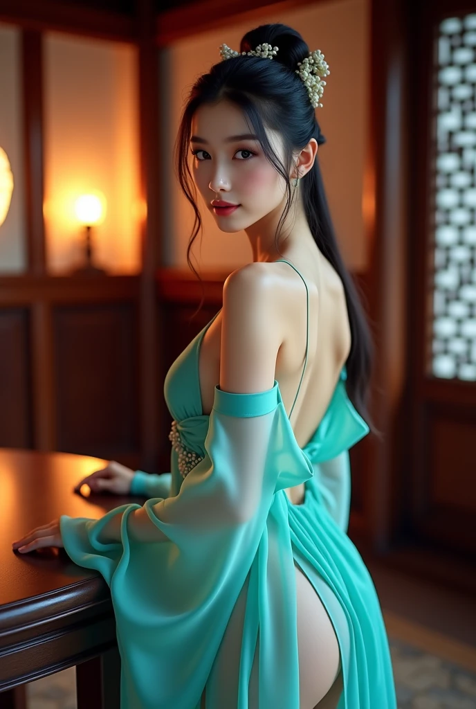 In the center of the image is the、A beautiful Japanese girl with long hair and cosmic beauty is depicted.。Her hair is black、It is tied in a ponytail at the back。Her expression was quiet、It creates a meditative atmosphere。
She is wearing a white lace bodysuit、The design is very ingenious、It fits snugly to the body。The back of the bodysuit is woven with strings.、Very elegant。
The background is painted in a simple pale green tone.、It highlights her figure。The background has a transparent fluid effect.、It creates a fantastic atmosphere as if you were underwater.。These fluids take on complex shapes.、It reflects light and shines brightly。
The use of light is also very clever.、The light reflecting off her skin and bodysuit is beautifully rendered.。The reflection of light combined with the transparent fluid、It creates a very fantastic effect。
as a whole、This image depicts a woman of elegant and mysterious beauty.、Gives a strong visual impact to the viewer。Her serene expression and flowing dress、And the transparent effect in the background blends in beautifully.、It offers a highly engaging visual experience。This work is packed with fantastical and artistic elements that users love.。
