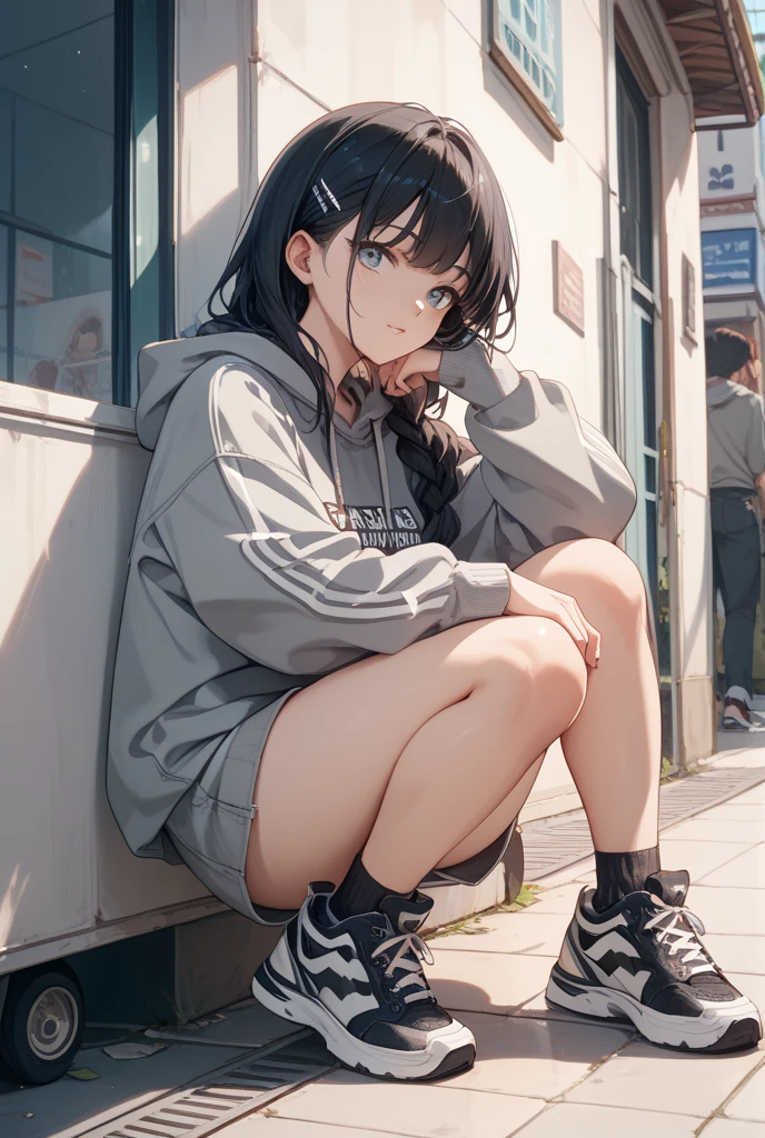 did、Adidas、under below、low angles、frombelow、hiqcgbody, Realistic, 1girl in, Full body, Sitting, 12year old, Lori, elementary student, casual, Loose clothes, Hoodie, Barefoot, Colorful, masutepiece, Best Quality, 8K,Ahegao ( Silly / Sexual ecstasy)