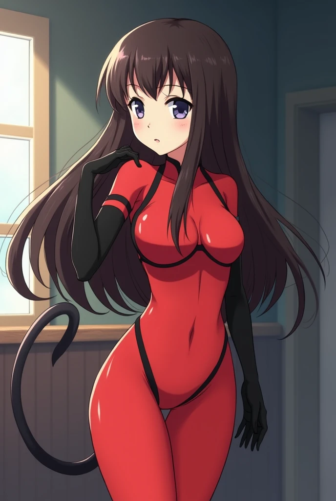 (masterpiece, best quality),  intricate details,
1girl,  raphtalia, animal ears, brown hair, long hair, raccoon ears, raccoon girl, raccoon tail, (red eyes:1.5), tail, 
 latex bikesuit,