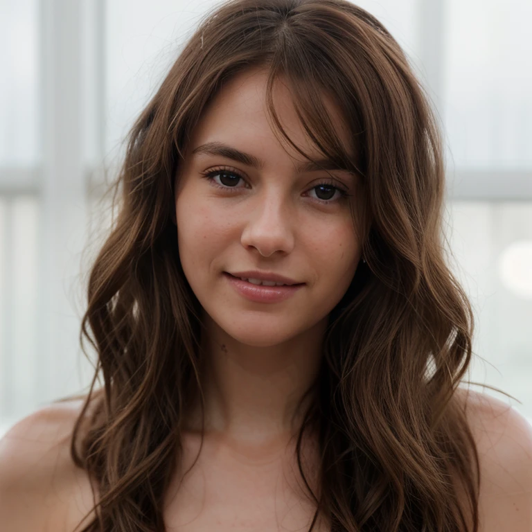 curly, brown haired, brown eyed, serious faced, nose percinged, chubby, freckled, black top wearing ladys face, portrait, front view