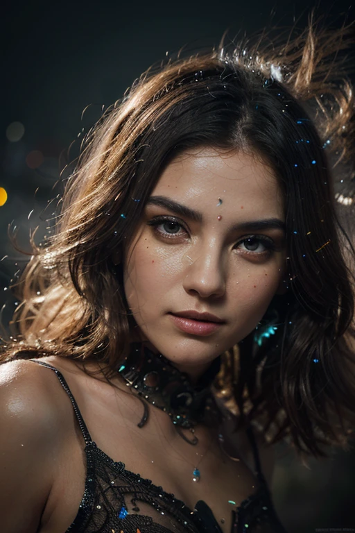 Photo of a sexy, slim party girl, ((Portrait)), ((Detailed face:1.2)), ((black hair: extra long and curly)), ((detailed facial features)), (smooth and radiant skin), ((Cold color: black and silver)), ((moist and shimmering environment)), Reflectors, ((masquerade ball)) ((perfectly proportions)), (photographed in a Canon EOS R6, 35mm Lens, F/1.8, nffsw, (8K) (Wallpaper) (Cinematic lighting) (Dramatic Lighting) (foco nítido) (Convoluted) Fashion, From