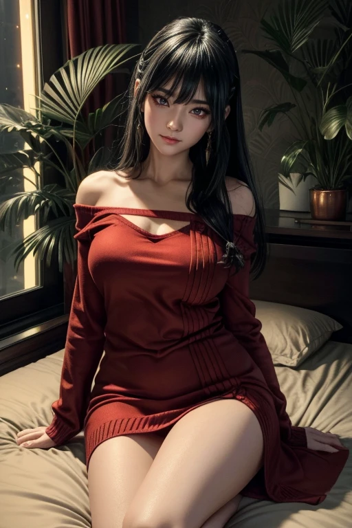 There was one girl with shiny skin in the bedroom, sexyposture,best qualtiy,tmasterpiece,(Photorealsitic:1.4),breast enhancement,reality,offcial art,The 8k quality,Super Detail,Fine detail skin,Movie angle,Cinematic textures,Movie Lighting,masutepiece,The highest image quality,1 girl,Vermilion lips,hair messy,pantyshot,Big Mimi,crisp breasts,1girll,((Black stockings)),Long hair,upper limbs,((cleavage)), thick thighs, ((((big boobs)))), red eyes, ((red sweater)), off shoulders, ((from above)), head band, earrings, sitting, ((breast grab)), ((blushing))