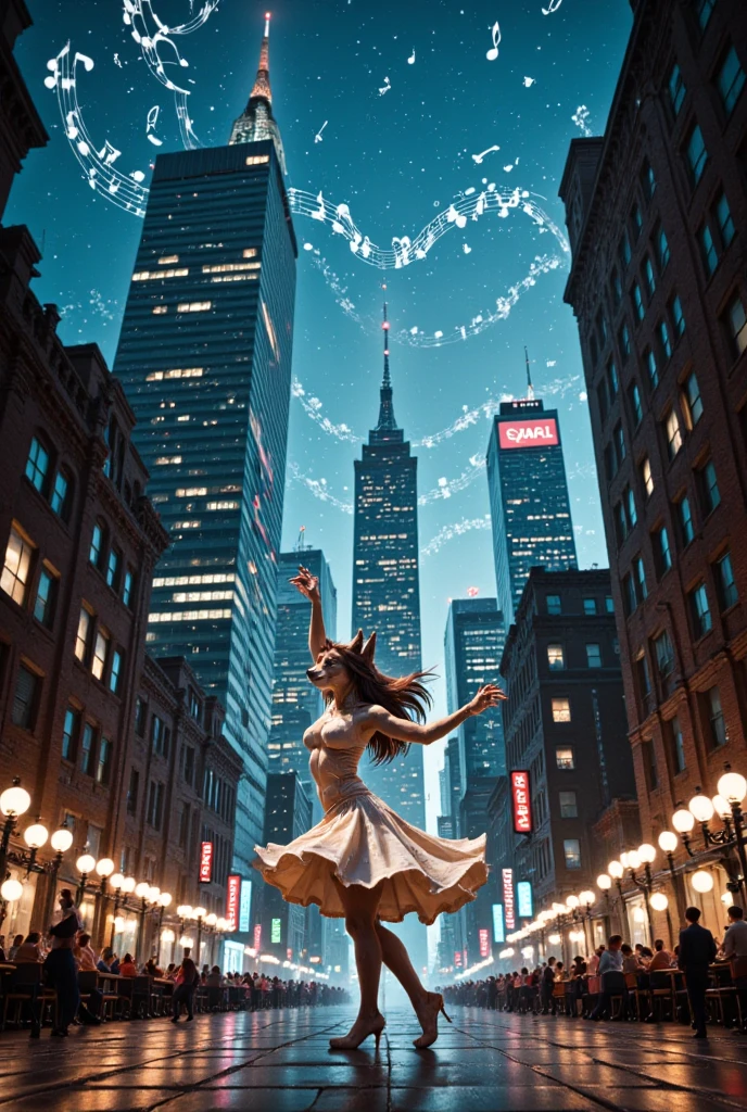 (animé-style:1.4), (Musical Symbols:1.3), (Girl dancing:1.1), The ranks of the staff stretch out, made of tables and notes, A vertical dream musical city, . An elegant anthropomorphic wolf dances on a roof or in a square. , The windows form horizontal lines like musical annotations, It's as if the whole city sings. . Their dance seems to make up the whole city. , The skyscrapers rise into the night sky. . is woven across the city (masterpiece, detailed:1.2), (standing on the back street, sweat, (Absurds:1.2), (masterpiece:1.0),