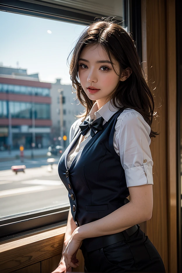 (8K, RAW Photos, 最high quality, masterpiece: 1.2), (Realistic, photoRealistic: 1.37), 1 A woman wearing a waitress uniform standing on the sidewalk, , Professional Lighting, Photon Mapping, , Italyのの女性, Torn, Sommelière、,Italy、Italy、 Sommelièreのユニホーム、,At a fine dining restaurant， Larger breasts、Incredibly beautiful face、masterpiece, 最high quality, high quality, High resolution, big , (Face close-up),working at a restaurant、Carry dishes、Hair is tied、Updo、Tie your hair tightly、