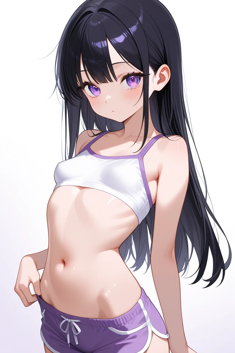 Komi Shouko, sleeping shorts, cow bikini, exposed crotch, character taking off her clothes with her hands, purple hair, purple eyes, hair over one eye, long hair, small breasts, very short blue blouse, low waist, part of breasts showing, blouse lifted showing part of the breasts, belly showing, crown, earrings, jewelry, princess, star earrings, looking at the viewer, best quality, high resolution, (beautiful detailed eyes: 1.6), extremely detailed face, extremely detailed CG, (perfect hands, perfect anatomy),