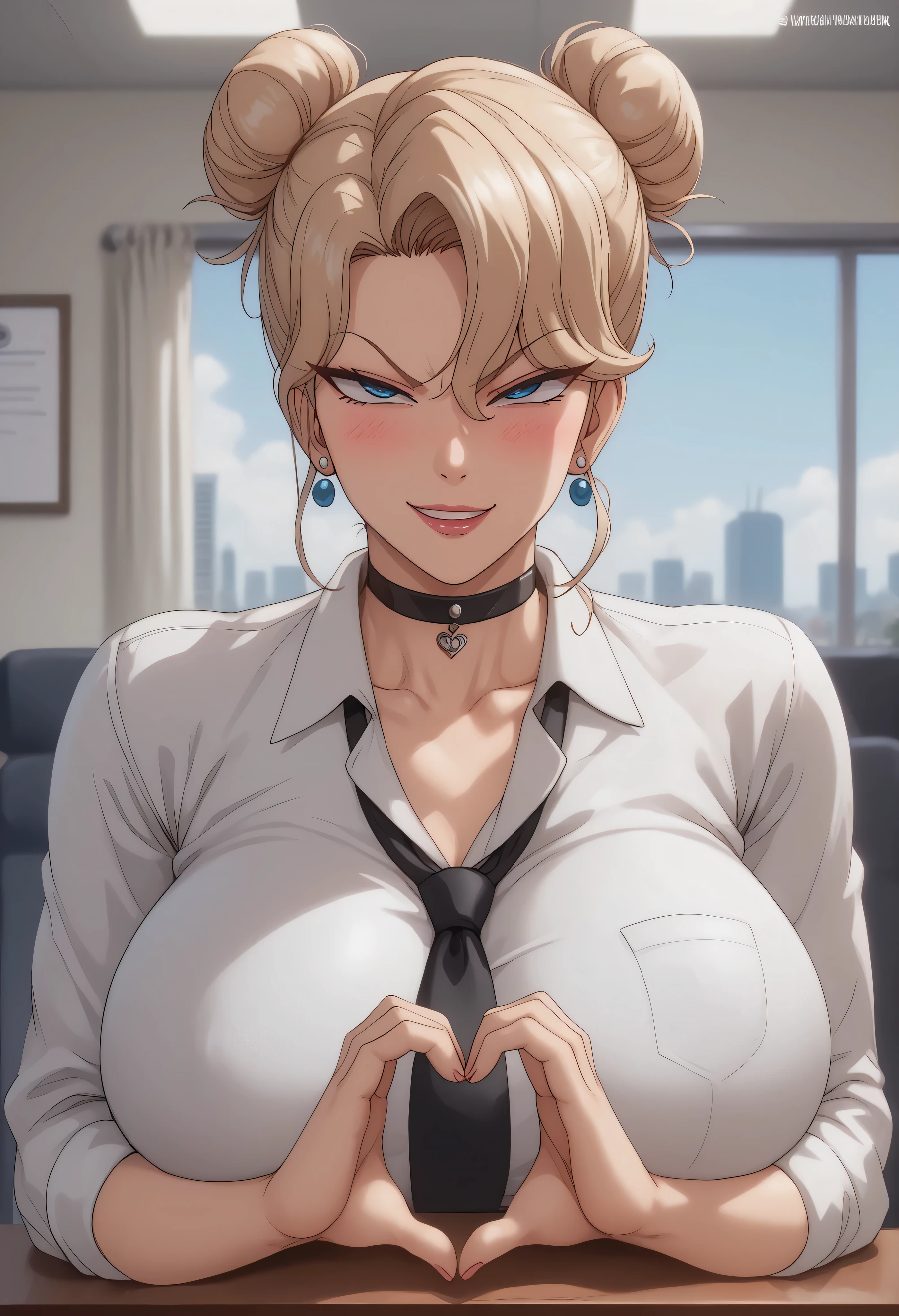 Reika_Kurashiki's, nsfw, masterpiece, (best quality:1.2), (sharp focus:1.2),, 1 Woman's, Busty girl,, (blonde|Tied-Bun hair, Intimidating Blue Eyes),, detailed face, Mature|Lewd face, blush, evil smile,, natural Huge breasts, Perfect arms, Wide Hips, white collared shirt with black tie, black choker,, in a modern office, indoor, Hand Hearts Sign