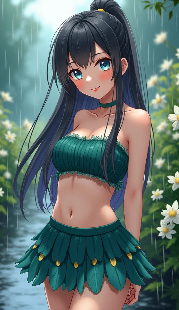 Monochrome manga art style, full clothed body portrait of a captivating anime female character, age 23, sleek black hair adorned with vibrant seafoam green streaks, stylishly slicked to one side showcasing bishōnen bangs, gracefully braided sidelocks framing her delicate face, fair porcelain complexion, mesmerizing green-orange eyes featuring swirling wave patterns that draw the viewer into her whimsical essence, elegantly dressed in a flowing turquoise sarong that billows softly with her movements, contrasting against a snug crop top that accentuates her figure, complemented by sophisticated sandals that exude charm and poise, dynamic composition with emphasis on her poised expression and confident demeanor, hairstyle designed with intricate detailing the artistry of manga line work, detailed shading enhancing features and attire, creating a visual narrative that reflects her personality and individuality, background subtly rendered to maintain focus on the character while providing an ethereal ambiance, reflections of light creating a soft glow around her, monochromatic tones unifying the scene, inked with precision and depth, highlighting the interplay of light and shadow. Intricate detailing of each element draws the eye, making the character truly unforgettable while immersed in a world of vivid imagination
