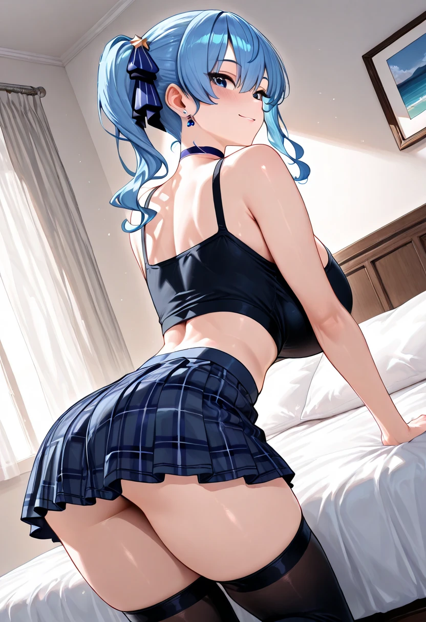 ((better quality)), ((masterpiece)), (Very detailed), A high resolution, perfect face, sexual, attractive, looks at the viewer, smile, open mouth, ((8 thousand.)), Mid thighs, big ass, Aqua Konosuba, Unbuttoned blouse, bare hands, a white blouse, Medium breasts, black pencil skirt, skirt, miniskirt, microskirt, hips high, plaid, plaid skirt, fishing nets, outside, a gift, relaxed posture, (I am lying on the bed, shows it :1.3), Super close up of ass from behind